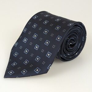 $98 Roberto Lorenzo Silk Tie‎ Mens Navy Blue Geometric Hand Made Necktie